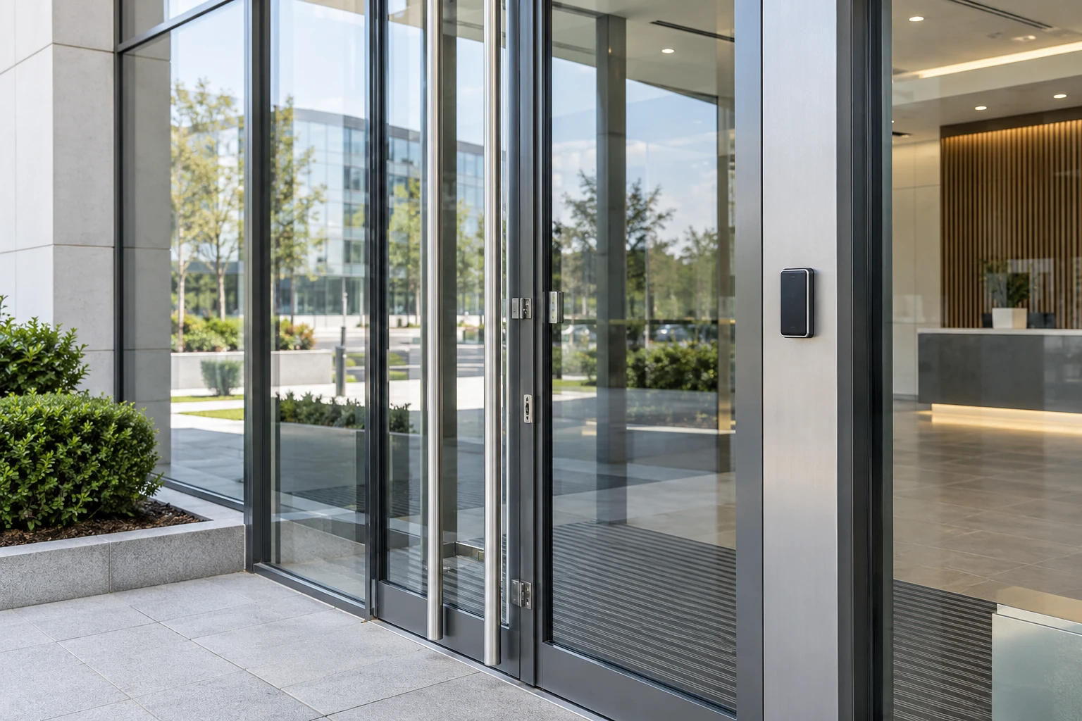 Illustrative office entrance with an access control reader