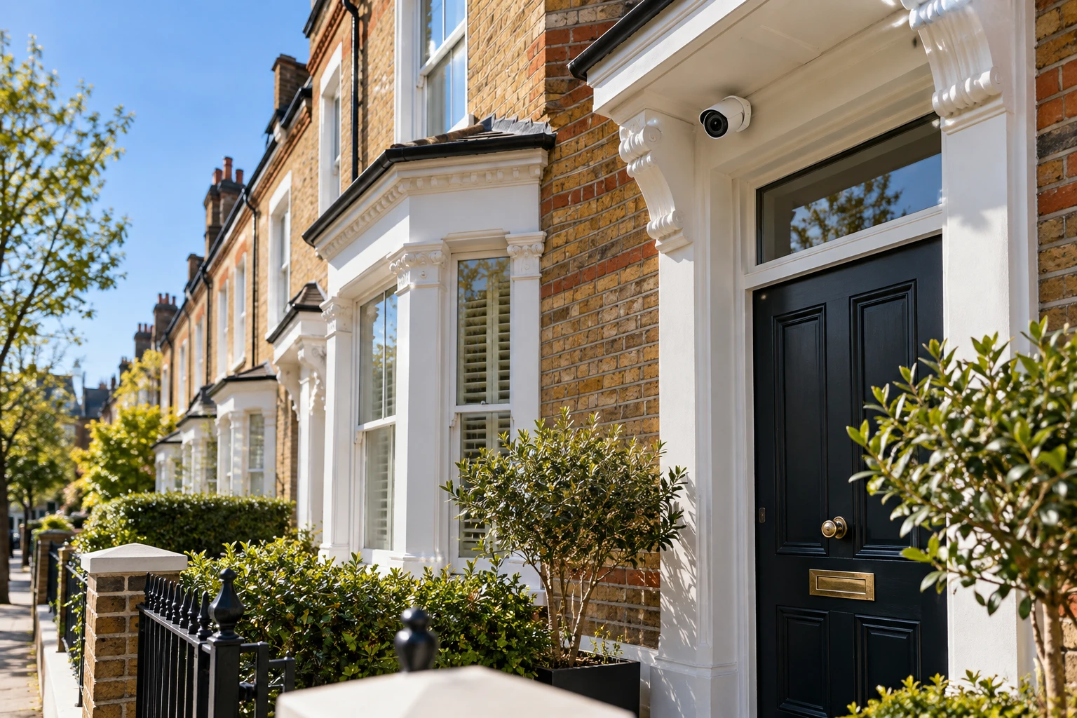 Illustrative London brick homes with discreet exterior security equipment